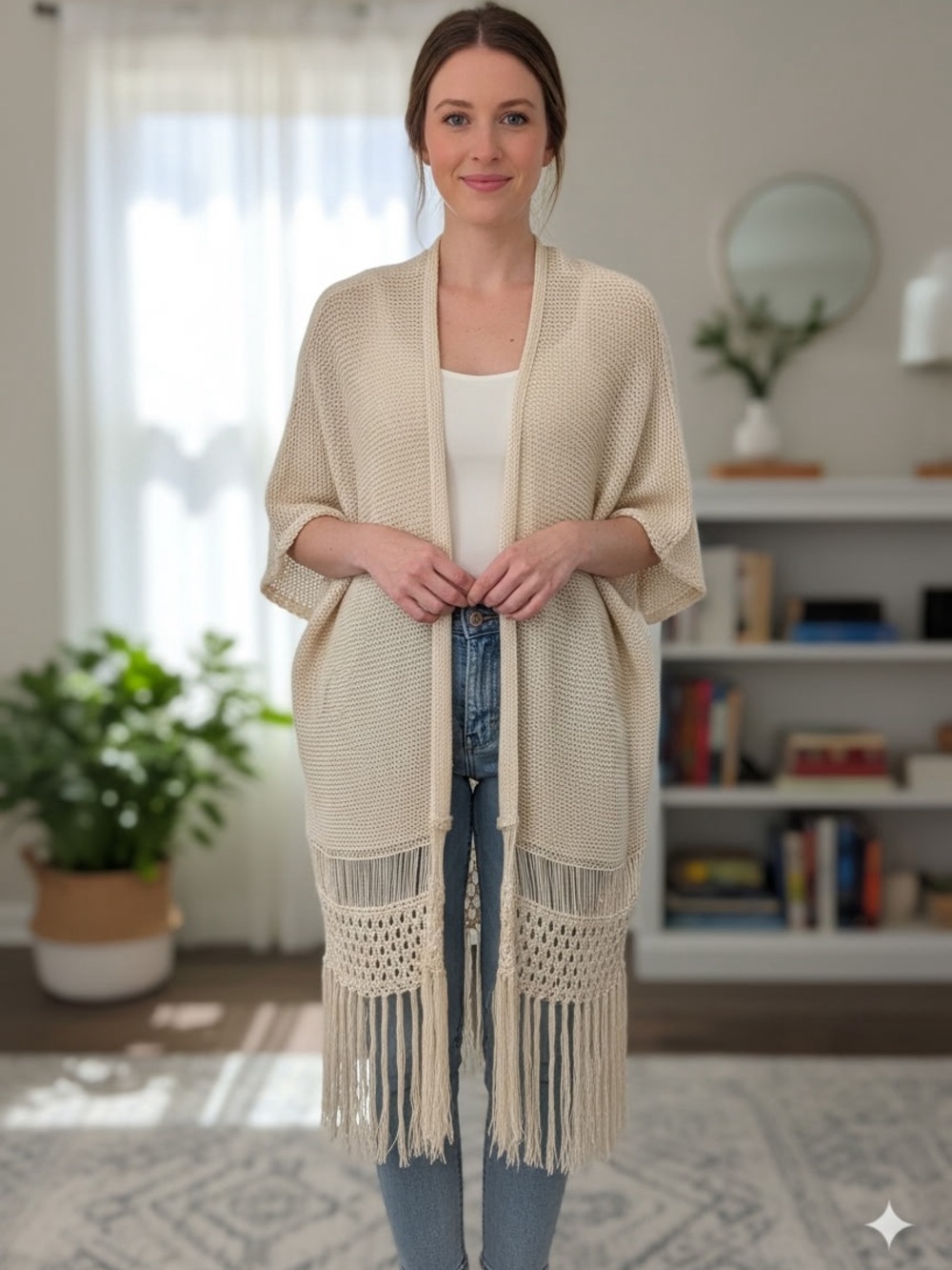 Blu Pepper Cream Fringe Open-Knit Poncho